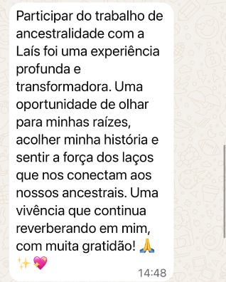Mensagem de participante no WhatsApp: vivência profunda e transformadora, olhar para as próprias raízes e acolher a própria história