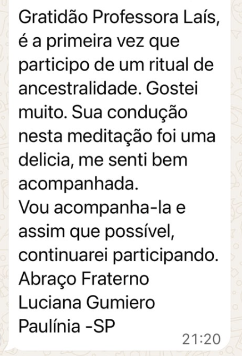 Mensagem de participante no WhatsApp: primeira vez em um ritual de ancestralidade, condução sentida como um bom acompanhamento
