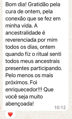 Mensagem de participante no WhatsApp: gratidão pela cura, todos os ancestrais sentidos presentes durante o ritual